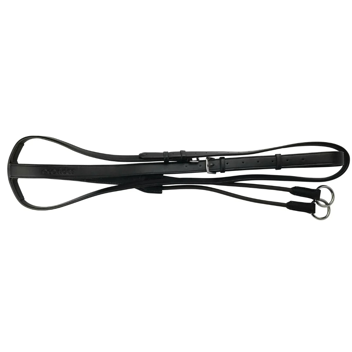 Black EcoRider leather running martingale flat-lay, showcasing the adjustable neck strap, debossed logo, and stainless steel rings.