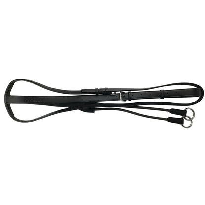Black EcoRider leather running martingale flat-lay, showcasing the adjustable neck strap, debossed logo, and stainless steel rings.