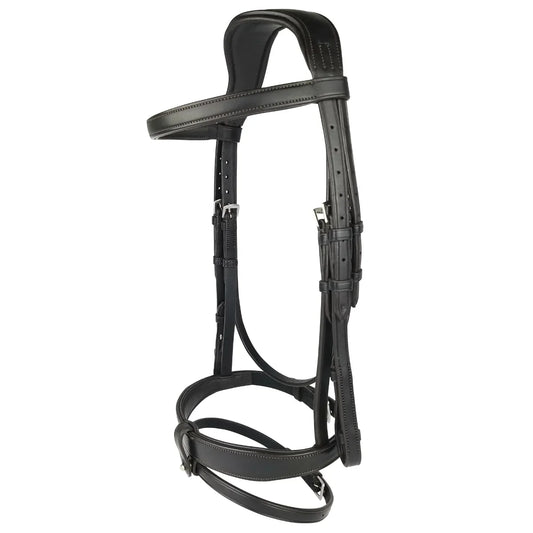 Black EcoRider anatomic leather bridle featuring an ergonomic padded headpiece, curved browband, and padded noseband with flash attachment.