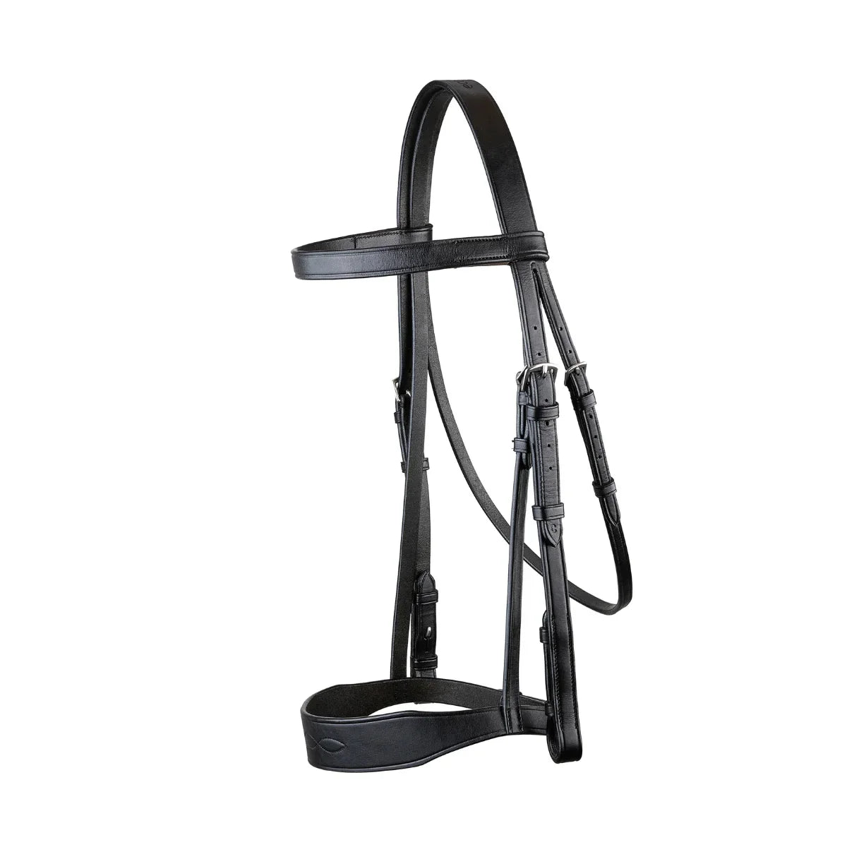 Black EcoRider Classic Show Leather horse bridle on a white background