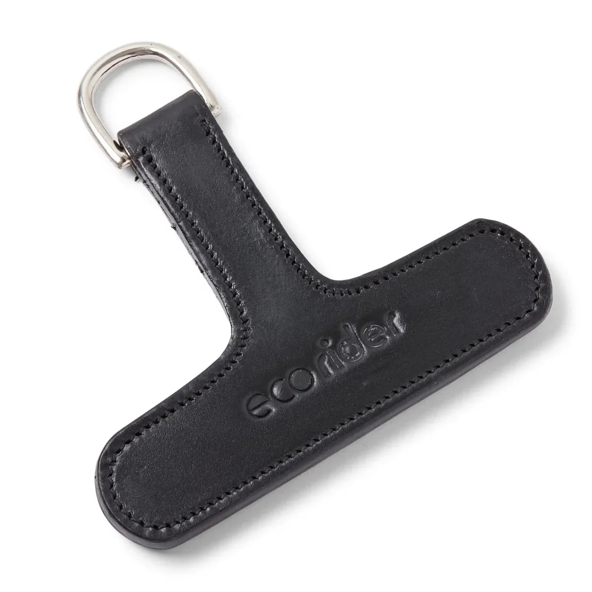Black EcoRider Crupper T Leather Attachment showing the T-bar shape, debossed brand name, and stainless steel D-ring.