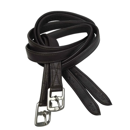 Coiled Brown EcoRider EcoSoft Anti-Stretch Stirrup Leathers, size 140cm, featuring a non-stretch core and silver buckles.
