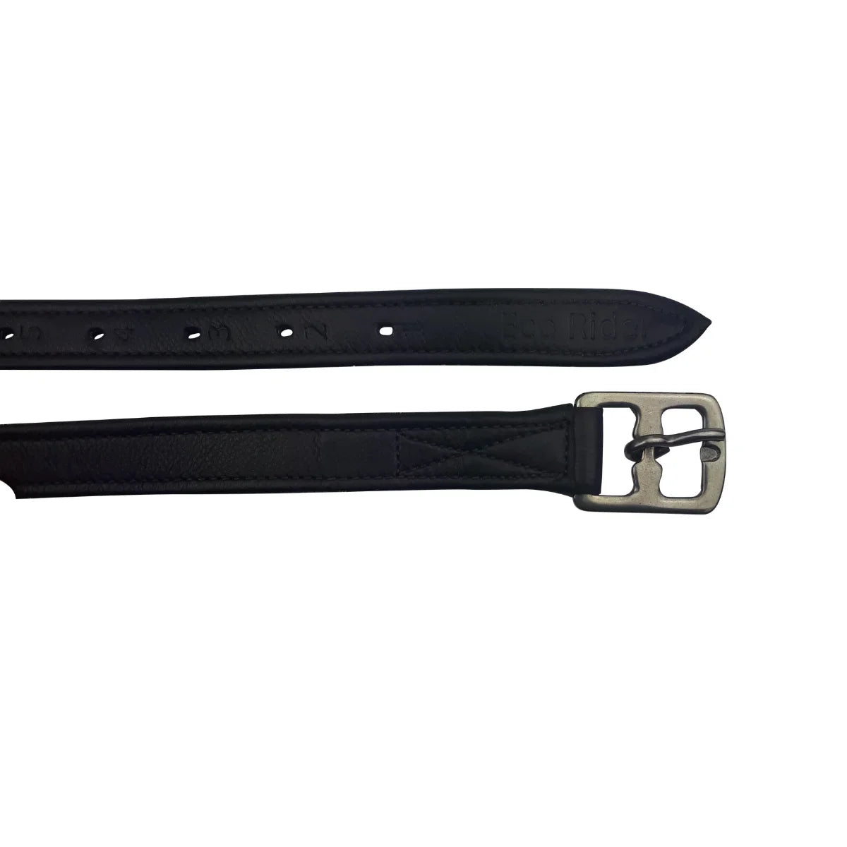 Close-up of the stainless steel buckle and numbered adjusting strap on the Black EcoRider EcoSoft Stirrup Leathers.