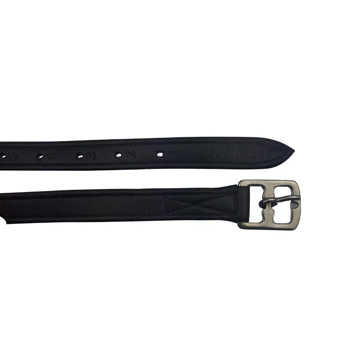 Close-up of the stainless steel buckle and numbered adjusting strap on the Black EcoRider EcoSoft Stirrup Leathers.