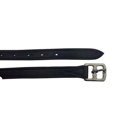 Close-up of the stainless steel buckle and numbered adjusting strap on the Black EcoRider EcoSoft Stirrup Leathers.