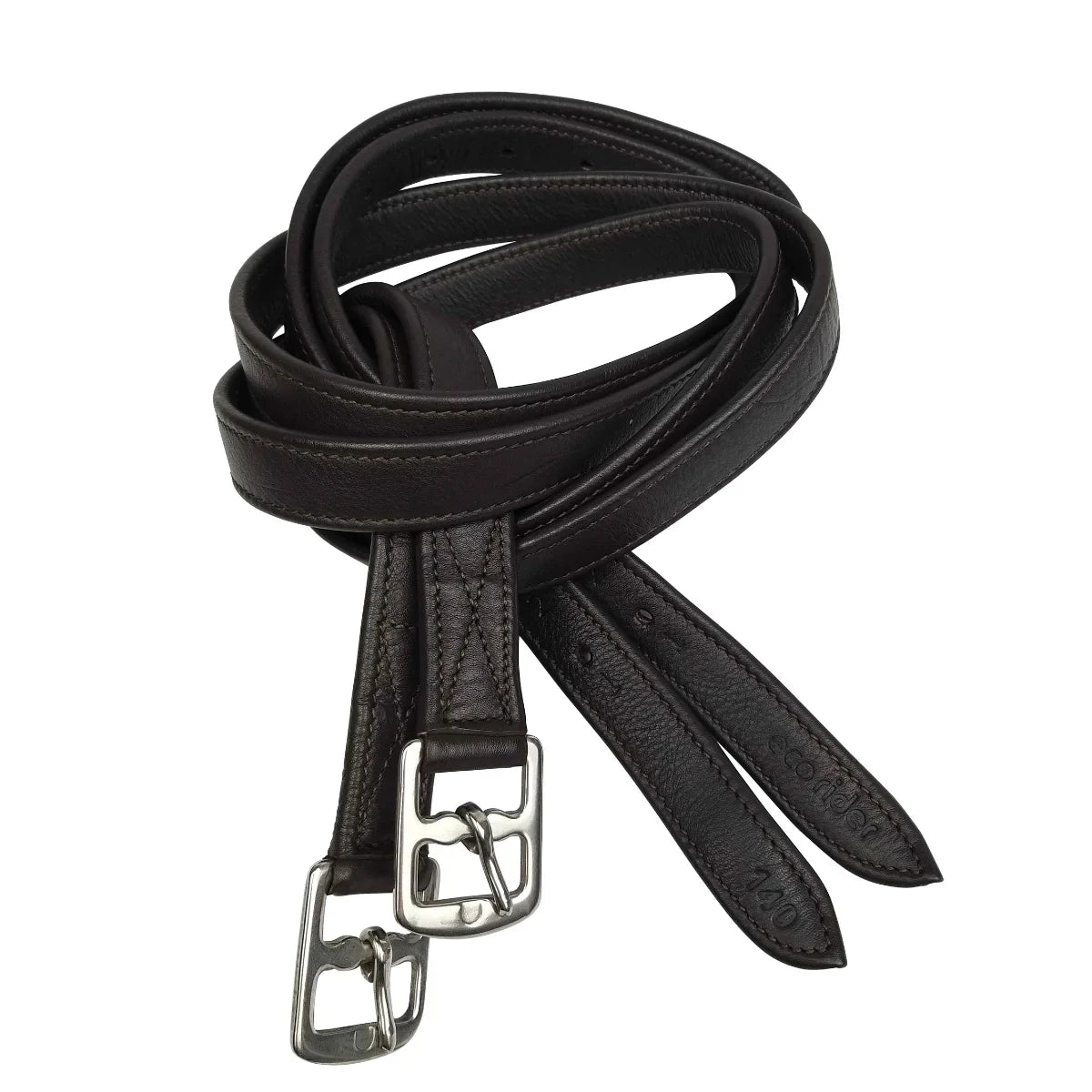 Coiled Brown EcoRider EcoSoft Anti-Stretch Stirrup Leathers, size 140cm, featuring a non-stretch core and silver buckles.