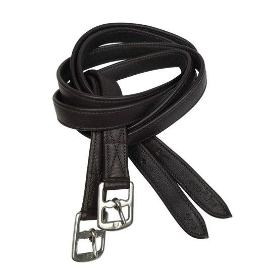 Coiled Brown EcoRider EcoSoft Anti-Stretch Stirrup Leathers, size 140cm, featuring a non-stretch core and silver buckles.