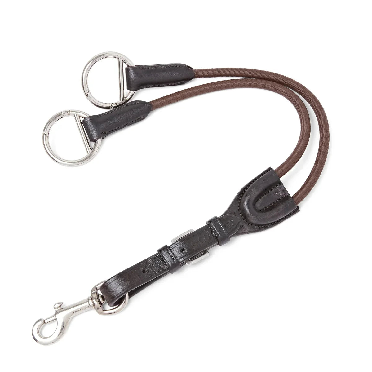 Brown EcoRider Elasticated Martingale Attachment with a supple leather strap, brown elasticated loops, and stainless steel rings.