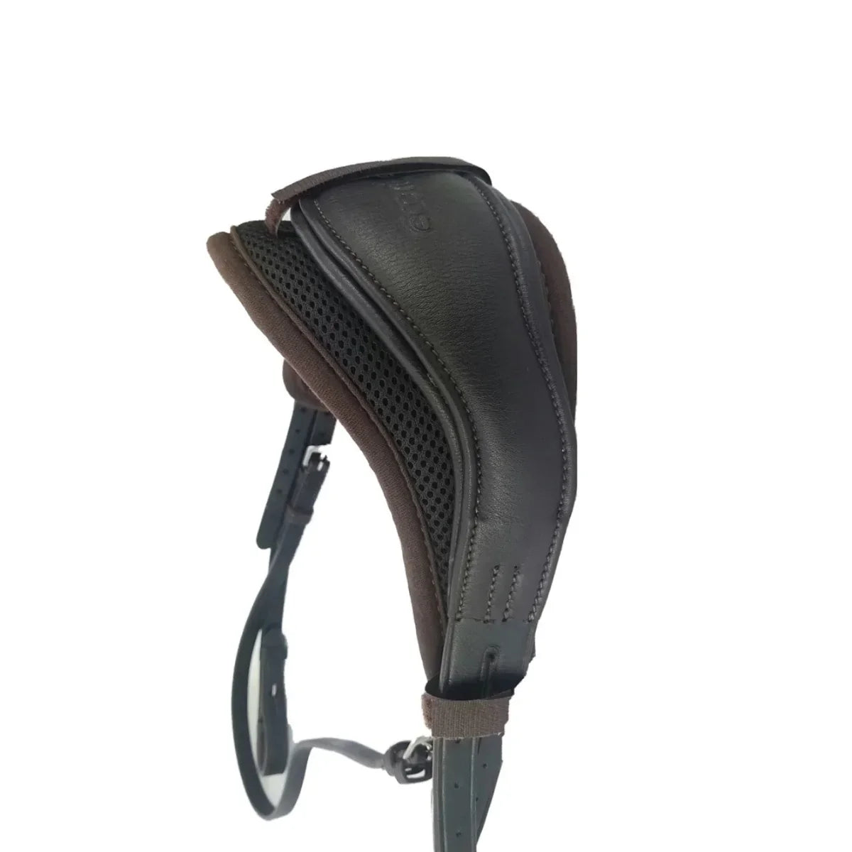 Brown EcoRider Eventair Poll Guard with breathable air mesh and padded lining, fitted on a matching brown leather headpiece.
