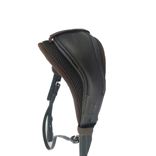 Brown EcoRider Eventair Poll Guard with breathable air mesh and padded lining, fitted on a matching brown leather headpiece.