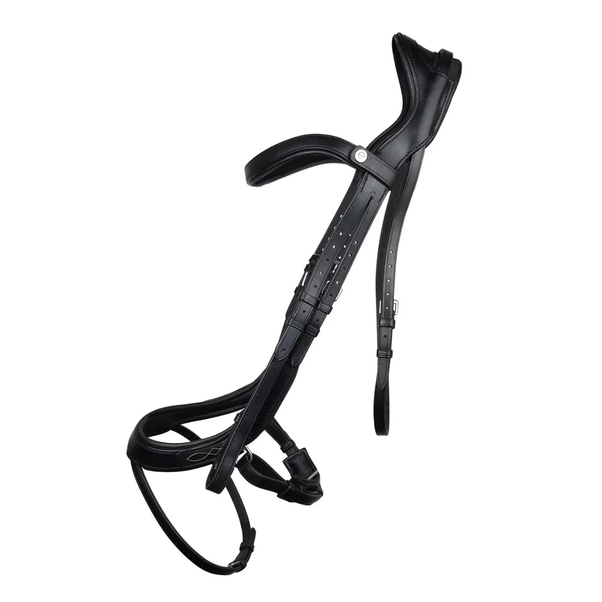 Black EcoRider Anatomic Bridle with decorative white fancy stitching, an ergonomic padded crownpiece, and an anatomic flash noseband.