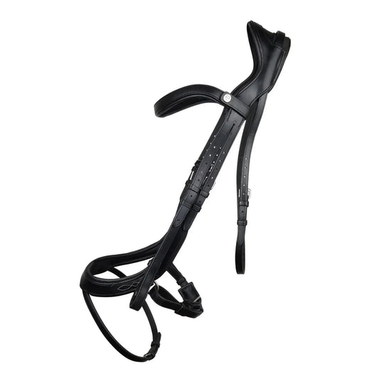 Black EcoRider Anatomic Bridle with decorative white fancy stitching, an ergonomic padded crownpiece, and an anatomic flash noseband.