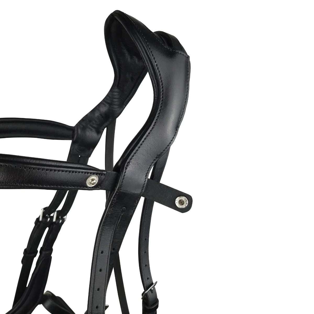 Black EcoRider Perfect Fit Freedom Headpiece showing the open e-clasp quick-release snap popper on the browband loop.
