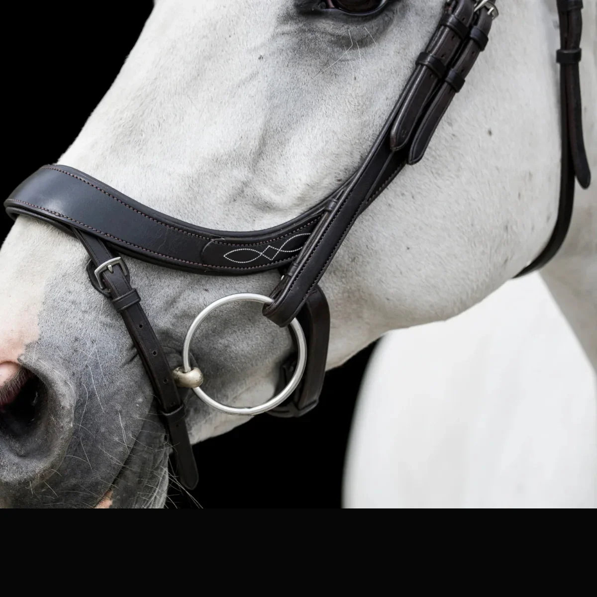 Close-up of the white decorative fancy stitching on a black EcoRider anatomic leather noseband, showing the bit ring on a grey horse.