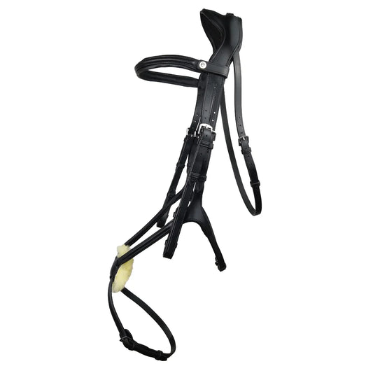 Black EcoRider anatomical grackle bridle featuring an ergonomic padded headpiece, curved browband, and grackle noseband with sheepskin pad.