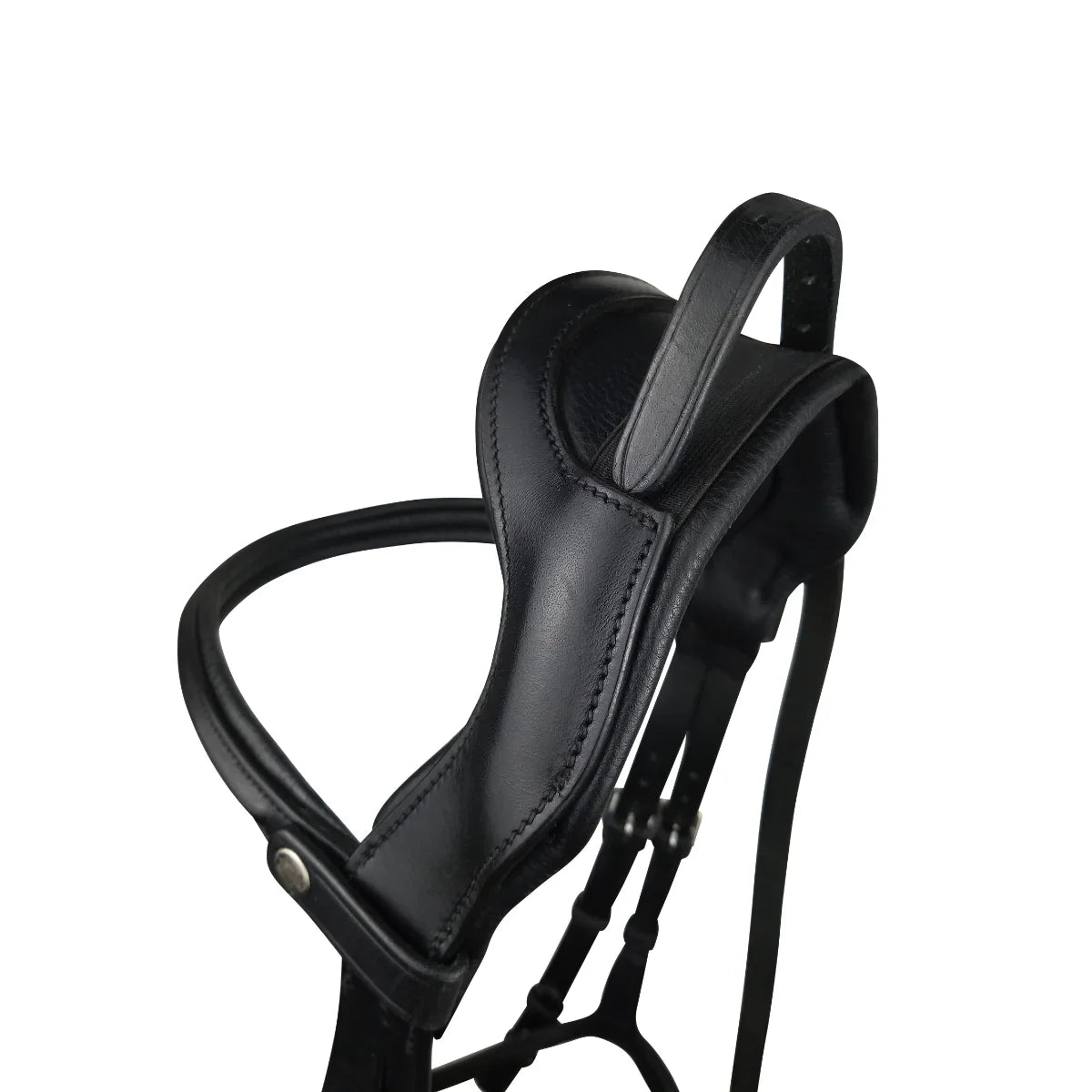 Black EcoRider Perfect Fit Freedom Headpiece showing the anatomical ear cutaway, soft padding, and dynamic elastic poll insert.