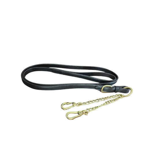 EcoRider Inhand Leather Lead with Brass Chain featuring a 1.5m supple leather strap, removable solid brass chain, and secure snap clip.