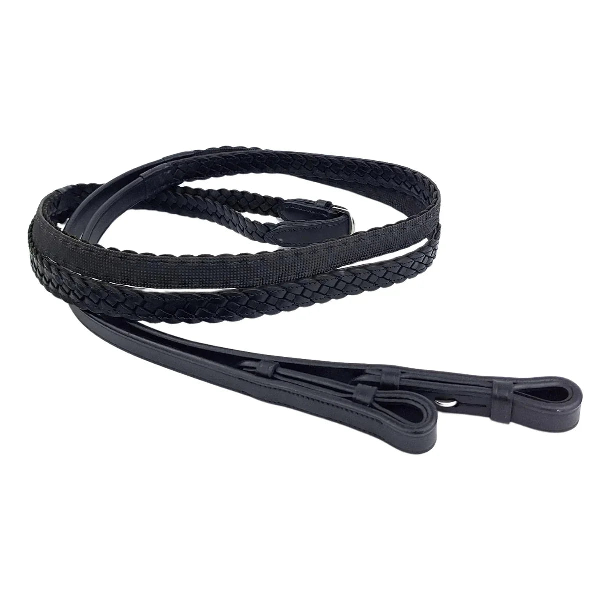 EcoRider Inside Grip Plaited Reins featuring a traditional 3-plait hand-braided design, hidden inside rubber grip, and secure hook stud billets.