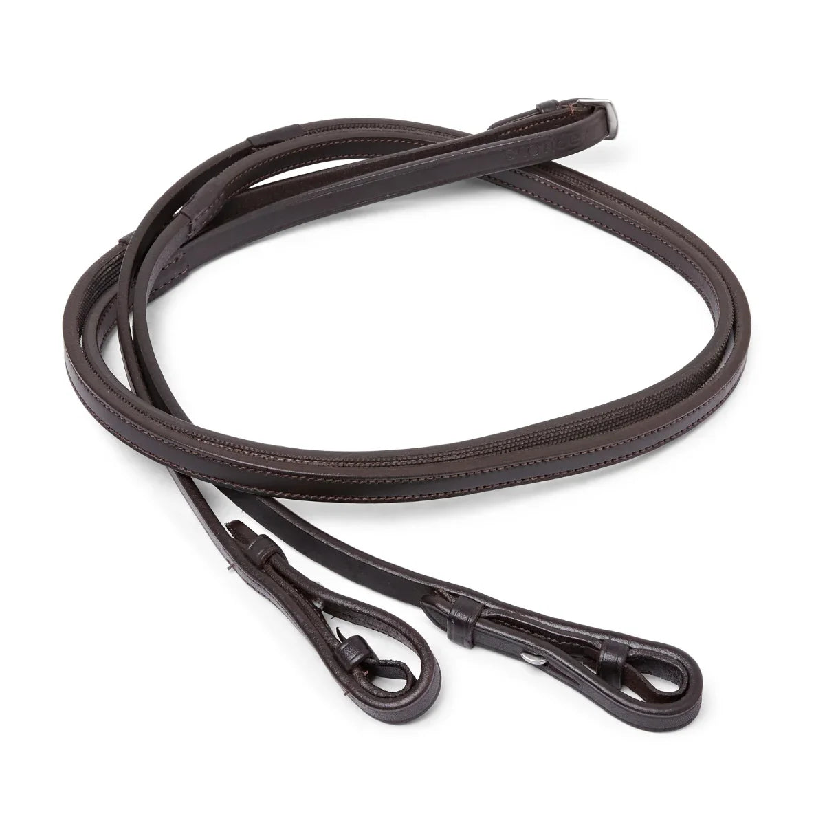 Coiled Brown EcoRider Ultra Comfort Flexi Reins featuring a low-profile pimple rubber grip and supple leather hook stud ends.