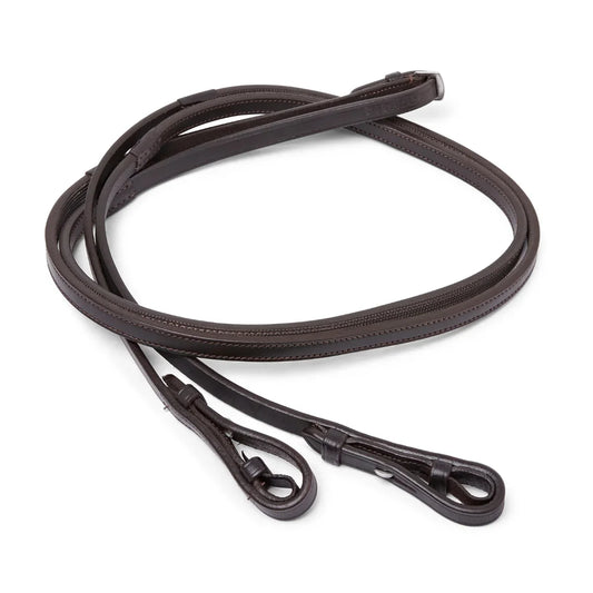 Coiled Brown EcoRider Ultra Comfort Flexi Reins featuring a low-profile pimple rubber grip and supple leather hook stud ends.