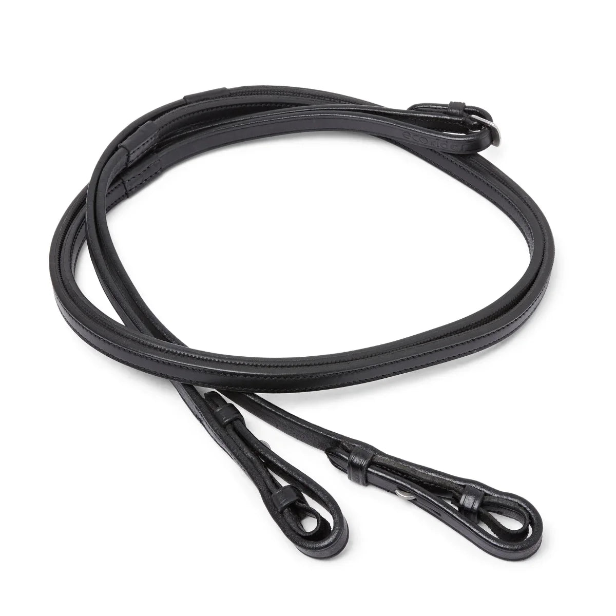 Coiled Black EcoRider Ultra Comfort Flexi Reins featuring a low-profile pimple rubber grip and supple leather hook stud ends.
