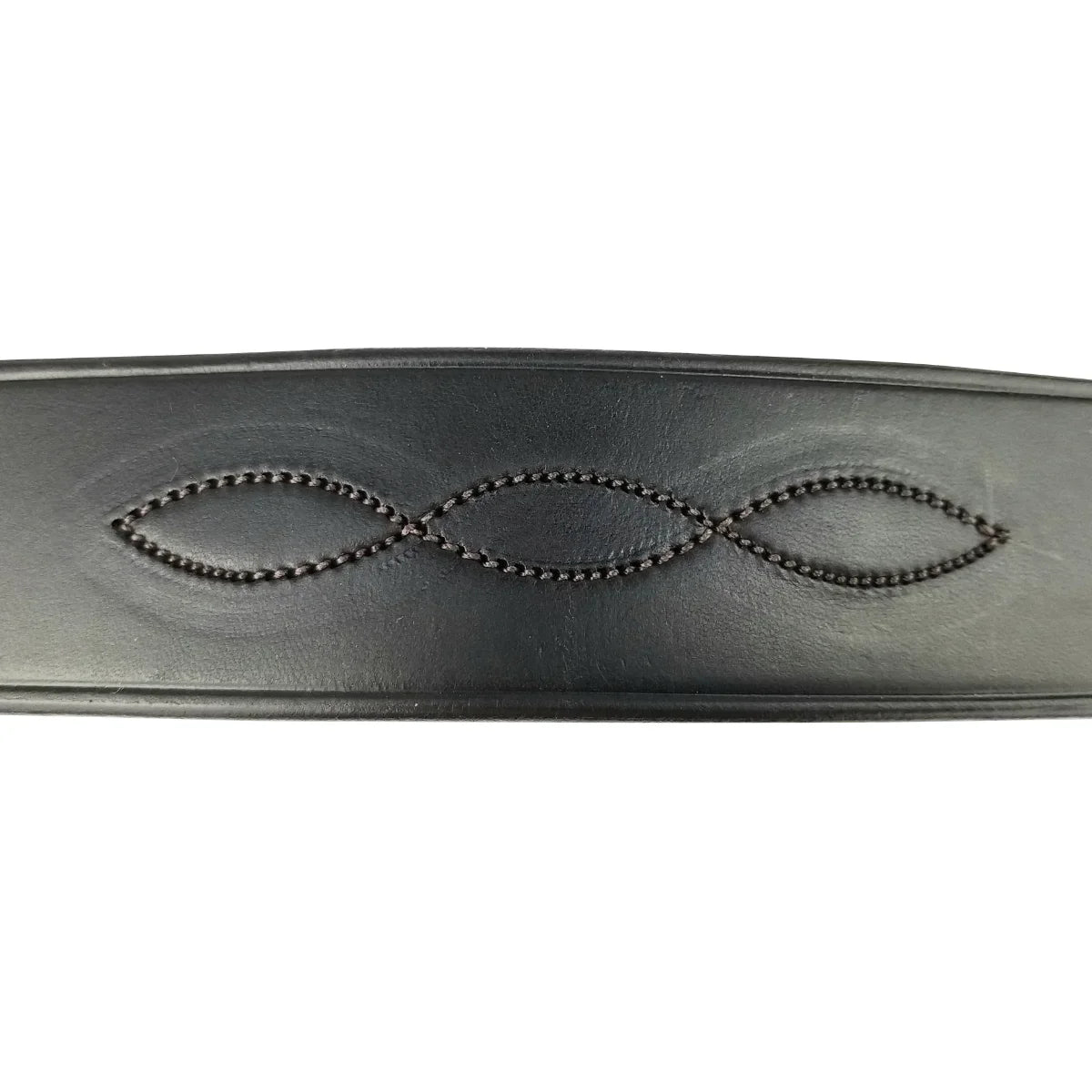 Detailed view of the matching-thread decorative fancy stitching on a black EcoRider leather noseband.