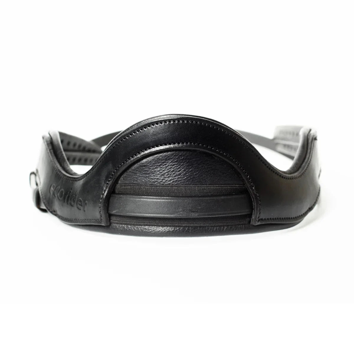 Black EcoRider Perfect Fit Freedom Headpiece showing the front-facing anatomical poll pad and dynamic elasticated insert.