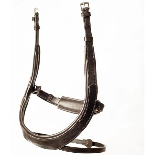 EcoRider Perfect Fit Comfort anatomical brown leather flash noseband, contoured to avoid sensitive facial nerves, featuring a padded crank chin guard, integrated flash strap, and stainless steel buckles, isolated on a white background.
