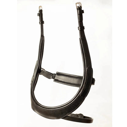 EcoRider Perfect Fit Comfort anatomical black leather flash noseband, contoured to avoid sensitive facial nerves, featuring a padded crank chin guard, integrated flash strap, and stainless steel buckles, isolated on a white background.