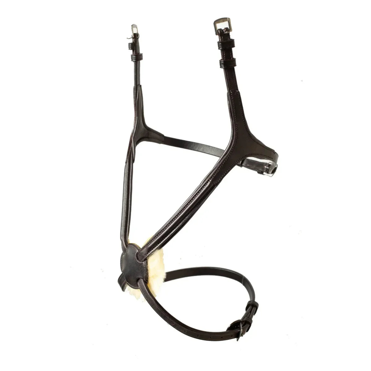 EcoRider Perfect Fit Comfort Grackle Noseband in dark brown vegetable-tanned eco-leather, featuring an anatomical figure-eight design with a soft natural sheepskin-padded nasal disc and stainless steel buckles, isolated on a white background.