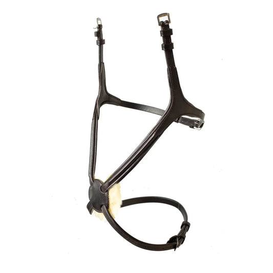 EcoRider Perfect Fit Comfort Grackle Noseband in dark brown vegetable-tanned eco-leather, featuring an anatomical figure-eight design with a soft natural sheepskin-padded nasal disc and stainless steel buckles, isolated on a white background.