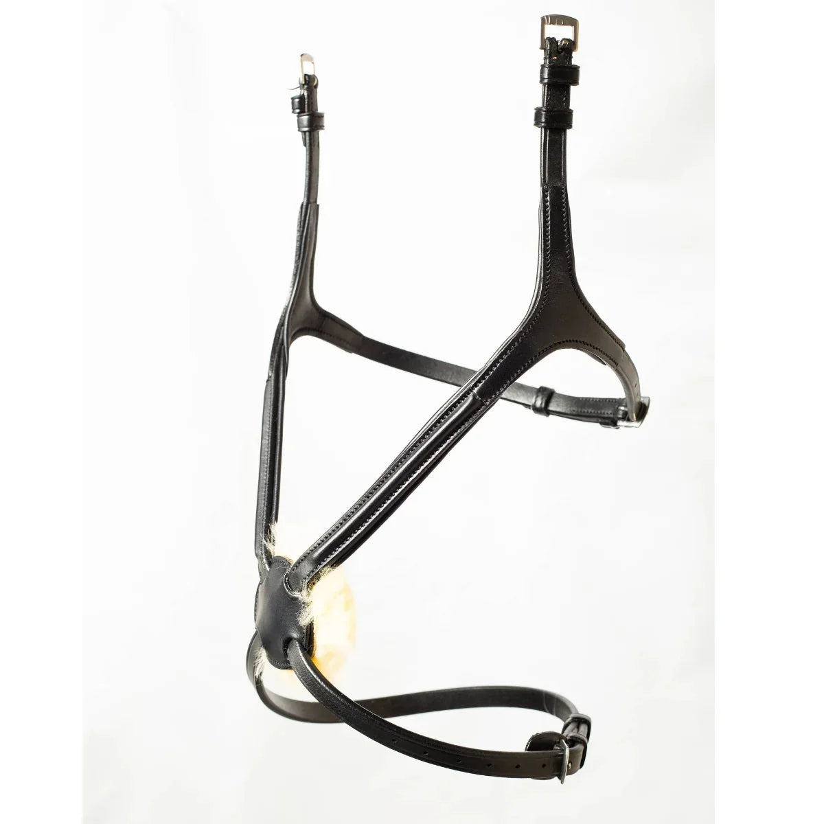 EcoRider Perfect Fit Comfort Grackle Noseband in premium black eco-leather, featuring an anatomical figure-eight design with a soft natural sheepskin-padded nasal disc and stainless steel buckles, isolated on a white background.