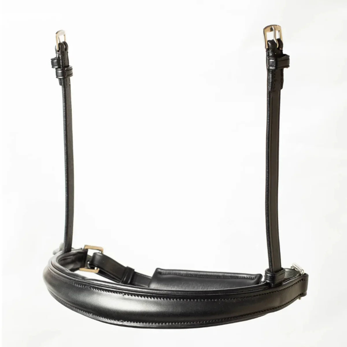 EcoRider Perfect Fit anatomical black leather crank cavesson noseband with thick comfort padding, a padded crank chin guard, and stainless steel buckles, isolated on a white background.