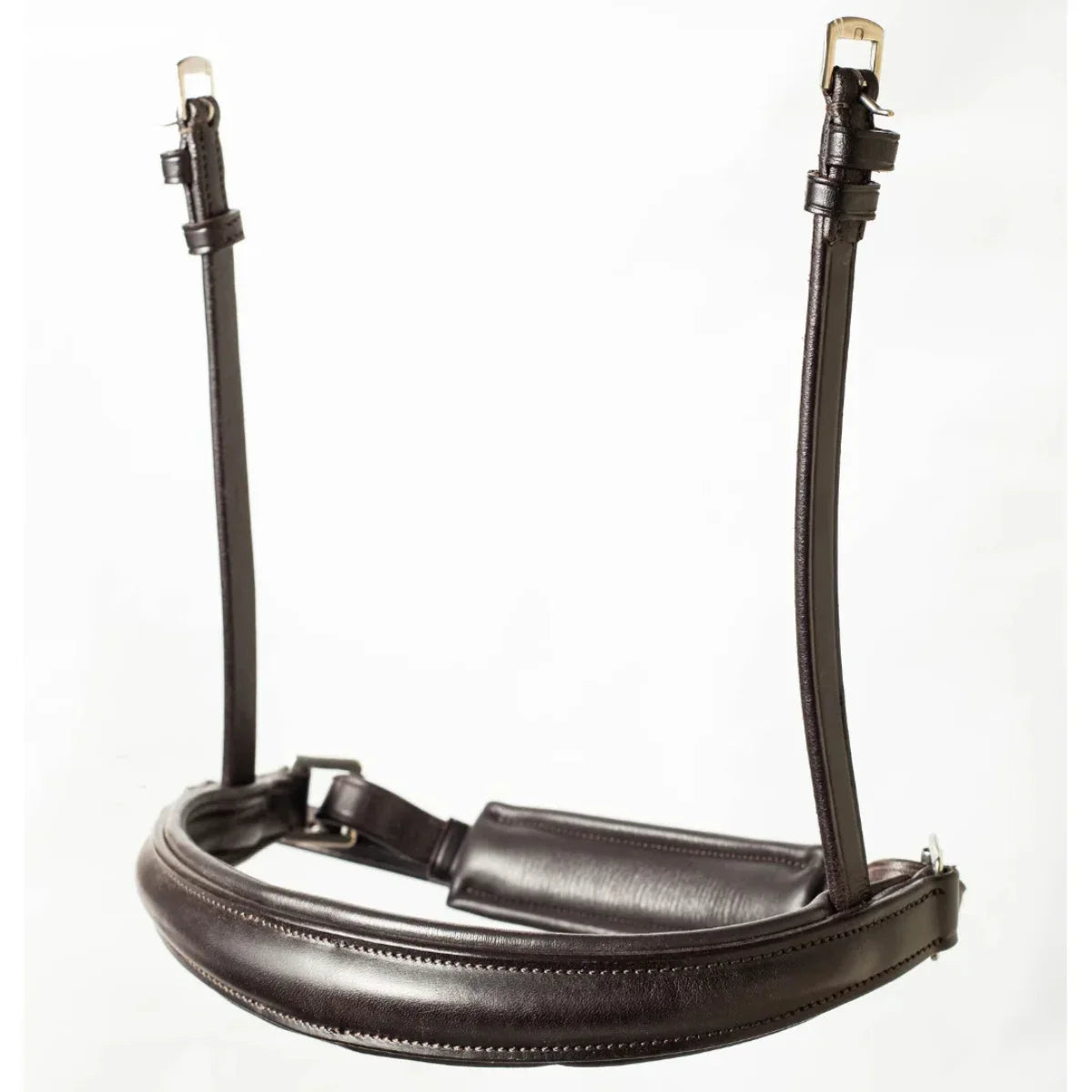 EcoRider Perfect Fit anatomical brown leather crank cavesson noseband with thick comfort padding, a padded crank chin guard, and stainless steel buckles, isolated on a white background.