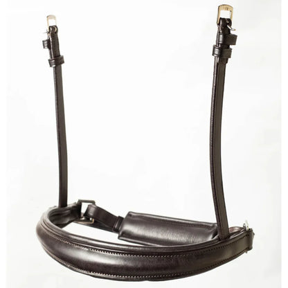 EcoRider Perfect Fit anatomical brown leather crank cavesson noseband with thick comfort padding, a padded crank chin guard, and stainless steel buckles, isolated on a white background.