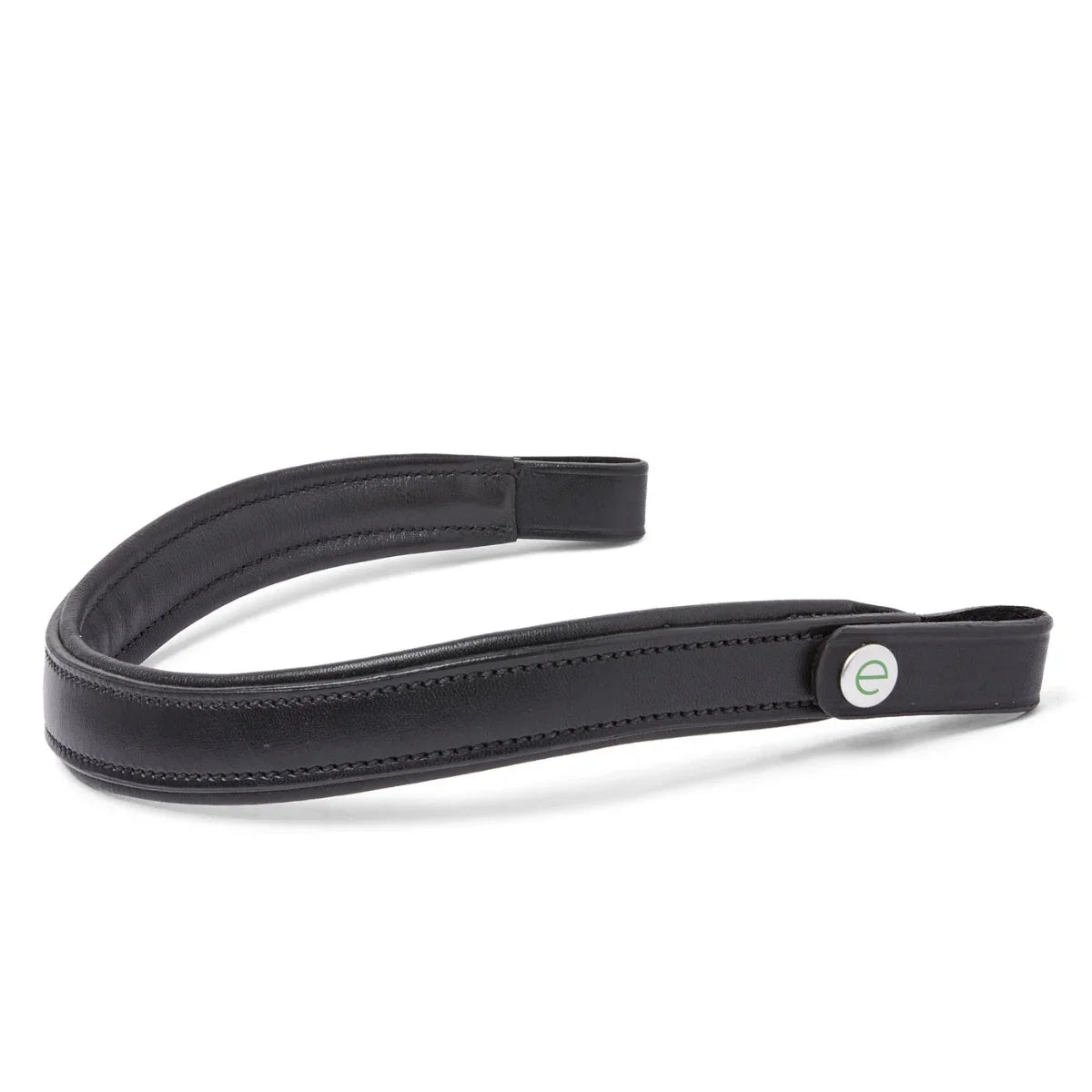 EcoRider Perfect Fit Freedom Comfort Browband in premium vegetable-tanned leather, featuring a curved, padded anatomical design with the signature green 'e-clasp' to relieve pressure around the horse's ears.