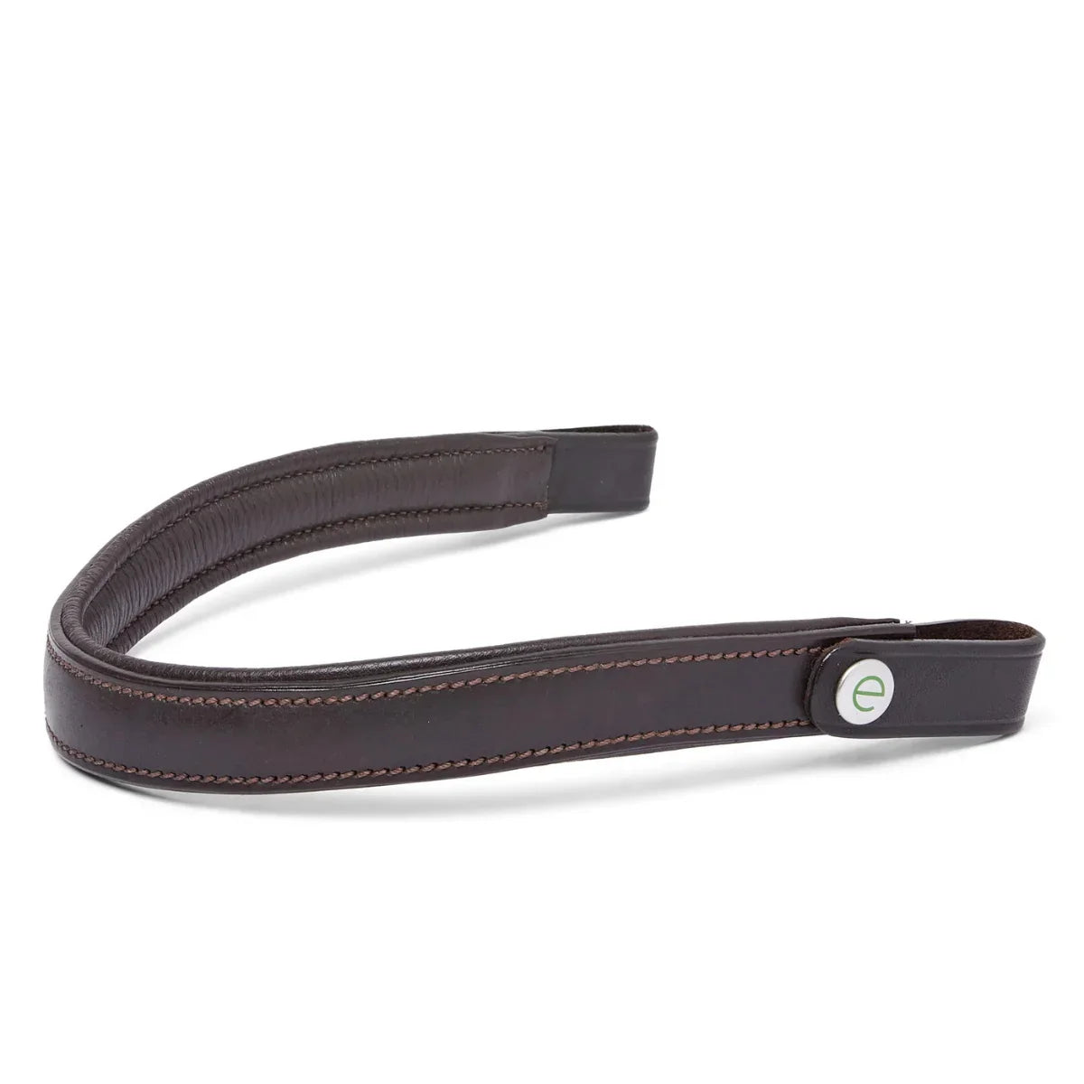 EcoRider Perfect Fit Freedom Comfort Browband close-up, highlighting the vegetable-tanned leather craftsmanship, secure stitch lines, and the quick-release signature e-clasp for customized anatomical bridle styling.