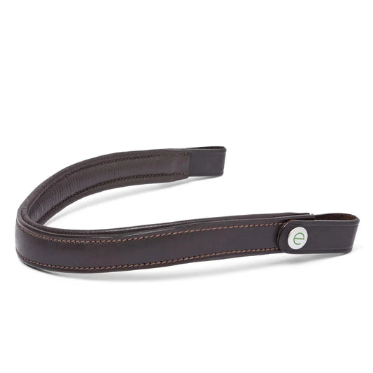 EcoRider Perfect Fit Freedom Comfort Browband close-up, highlighting the vegetable-tanned leather craftsmanship, secure stitch lines, and the quick-release signature e-clasp for customized anatomical bridle styling.