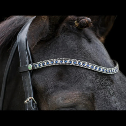 Close-up of the black EcoRider Freedom Sapphire Browband on a dark horse, featuring the closed e-clasp quick-release snap popper.