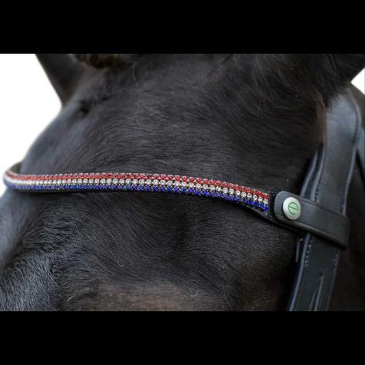 EcoRider Perfect Fit Freedom Victoria Browband featuring a dipped anatomical design, ruby and sapphire crystal inlay, and quick-release e-clasp.