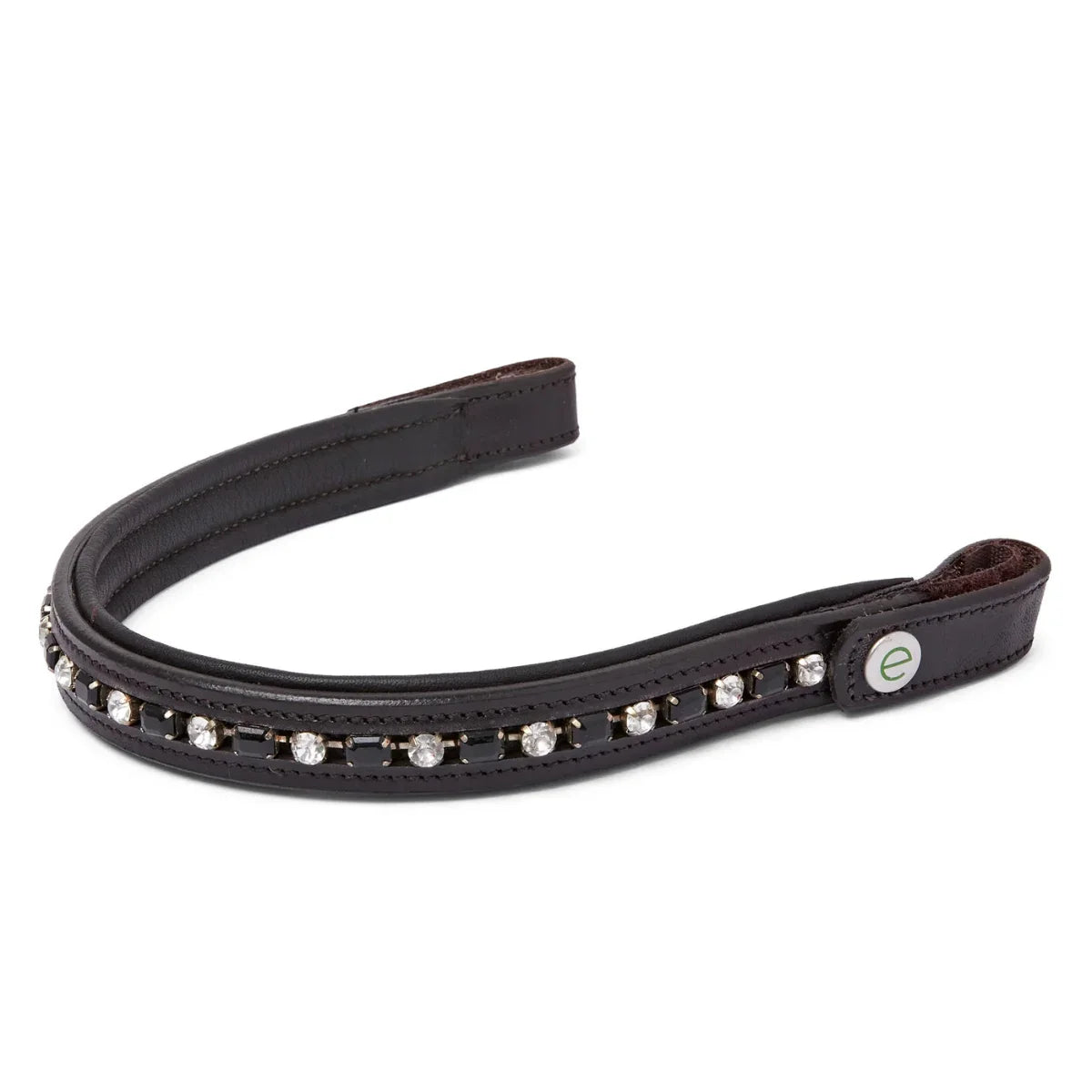 EcoRider brown leather curved browband with alternating clear and black crystals, isolated on a white background.