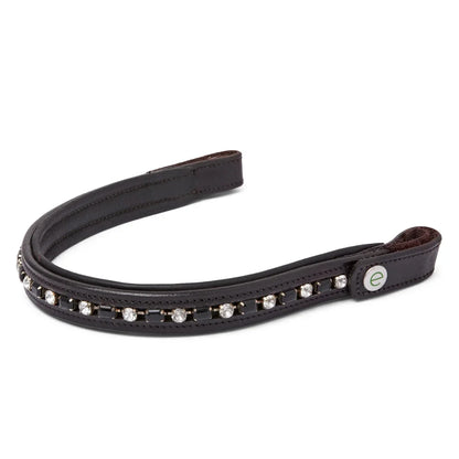 EcoRider brown leather curved browband with alternating clear and black crystals, isolated on a white background.