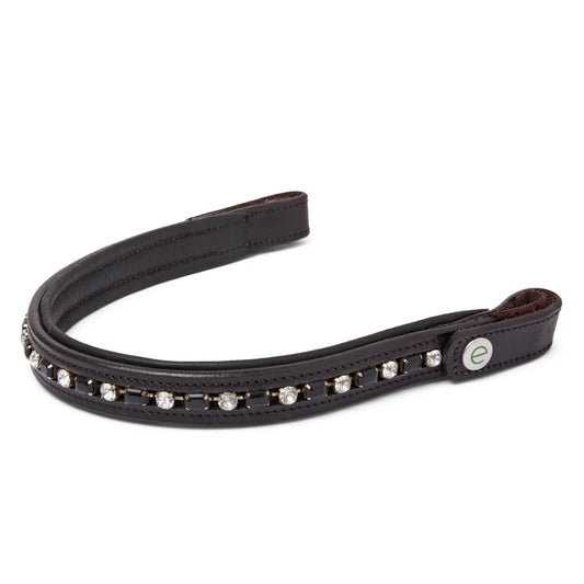 EcoRider brown leather curved browband with alternating clear and black crystals, isolated on a white background.