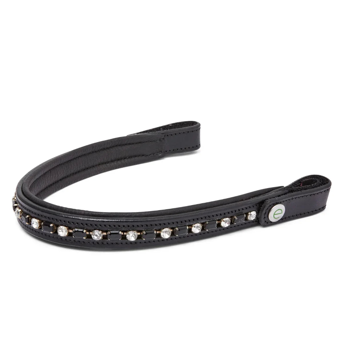 EcoRider black leather curved browband with alternating clear and black crystals, isolated on a white background.