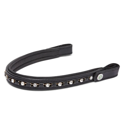EcoRider black leather curved browband with alternating clear and black crystals, isolated on a white background.