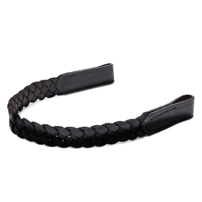 Close-up of the black EcoRider Freedom Sapphire Browband on a dark horse, featuring the closed e-clasp quick-release snap popper.