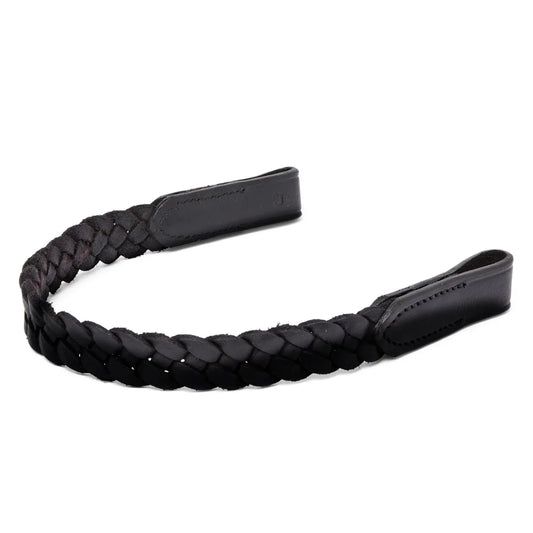 Close-up of the black EcoRider Freedom Sapphire Browband on a dark horse, featuring the closed e-clasp quick-release snap popper.