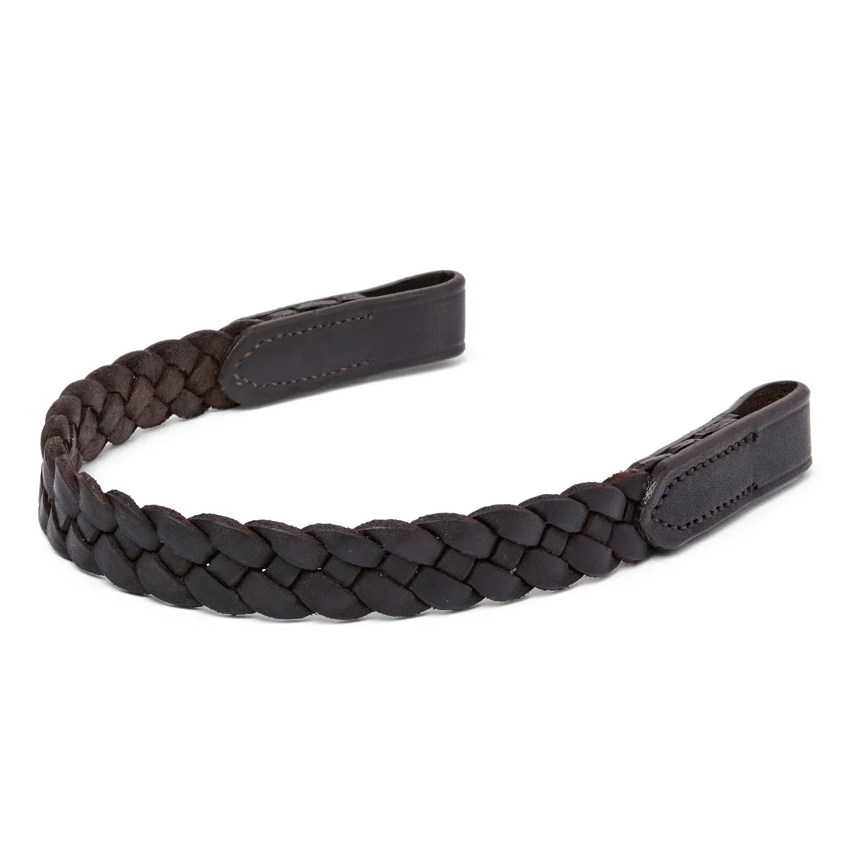 Brown EcoRider Perfect Fit Plaited Leather Browband showing the hand-woven 3-band plait design and universal loops.