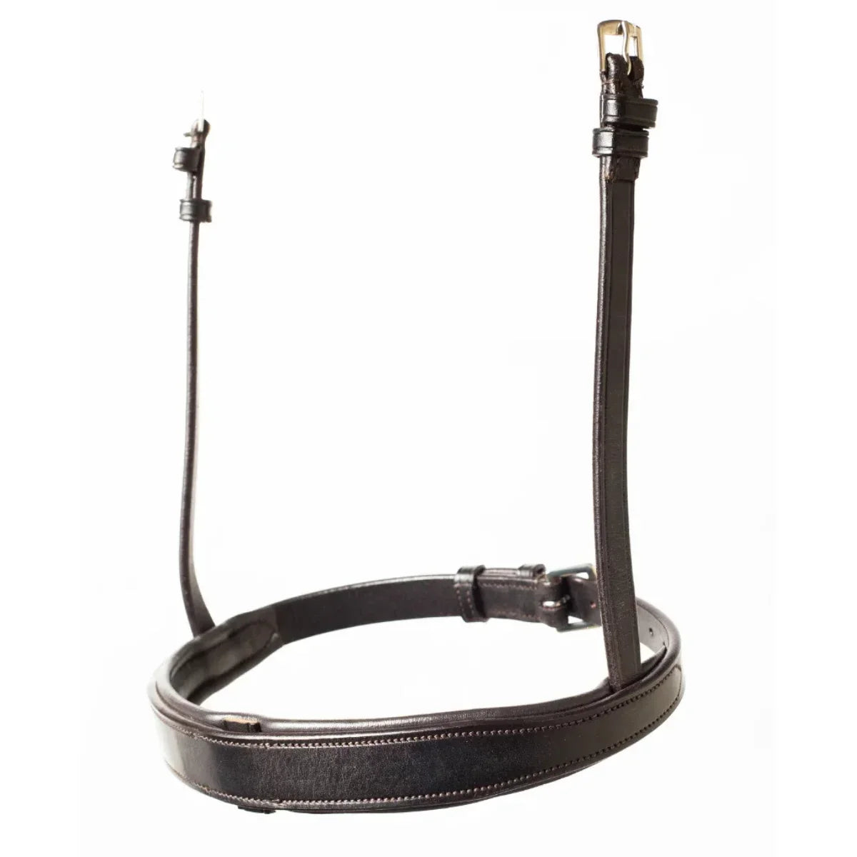 EcoRider Perfect Fit Show Comfort Noseband in premium dark brown vegetable-tanned leather, featuring a sleek, padded cavesson design ideal for showing and hunter classes, isolated on a white background.