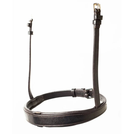 EcoRider Perfect Fit Show Comfort Noseband in premium dark brown vegetable-tanned leather, featuring a sleek, padded cavesson design ideal for showing and hunter classes, isolated on a white background.